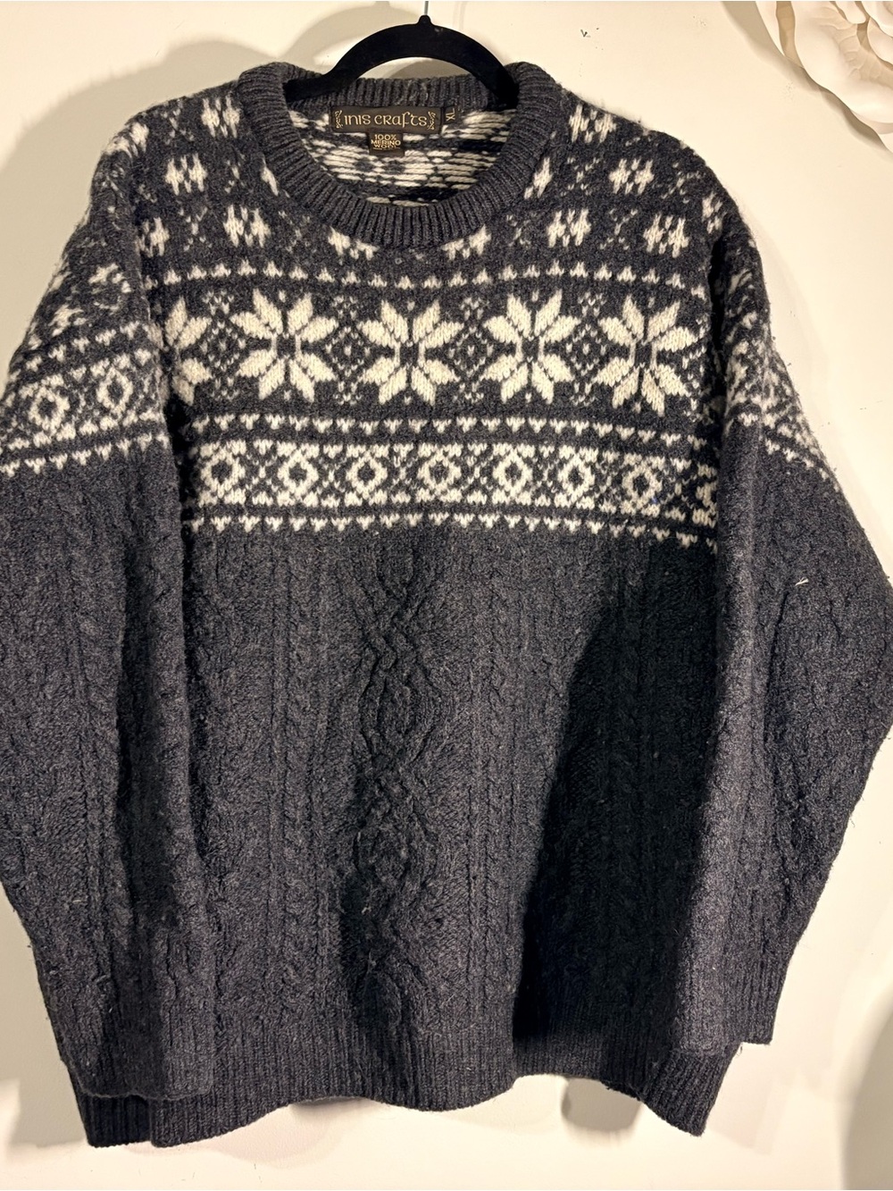 Inis Crafts Fair Isle Cable Knit Sweater - 100% wool Charcoal & White